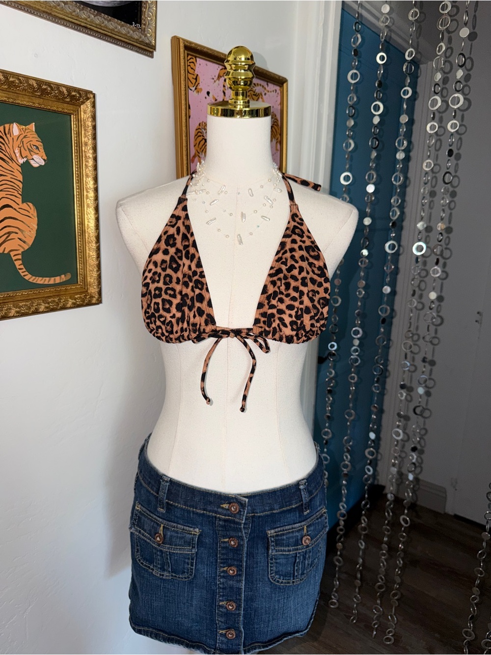 Leopard Print Triangle Bikini Top - Brown & Black